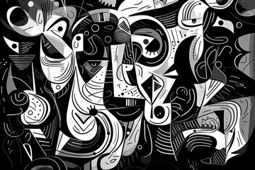 Illustration of Abstract Doodle Art in Black and White, Creating a Captivating and Playful Visual Experience