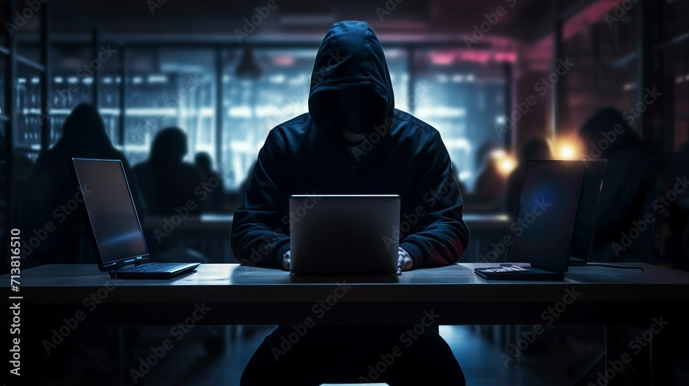 Poster a hacker in a black hood, with his face hidden in the shadows, working in a dimly lit room, a server
