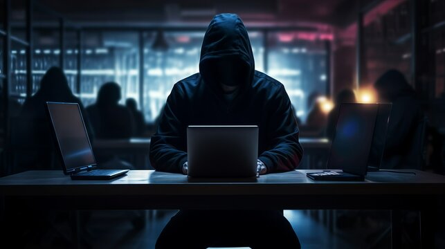A hacker in a black hood, with his face hidden in the shadows, working in a dimly lit room, a server room. Cybercrime, illegal actions, code breaking concepts.