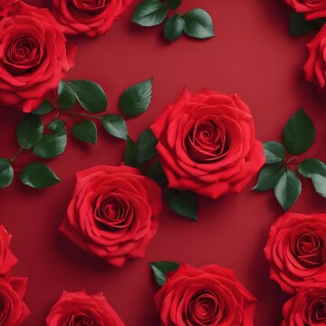 Valentine's Day Concept Red roses flower on red background. Copy space. Flower frame. Top view. High quality photo. Generative AI