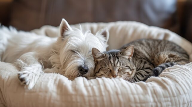 A cute little white terrier dog and a fluffy cat sleeping together on a pet bed.