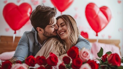 Beautiful young couple at home. Hugging, kissing and enjoying spending time together while celebrating Saint Valentine's Day with red roses on bed and air balloons in shape of heart on the background.
