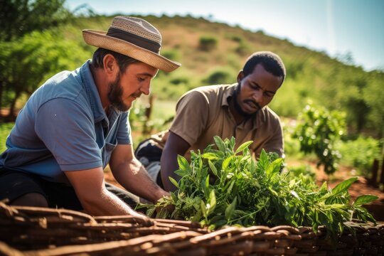 Multi-ethnic group of farmers working at outdoors at farm at the field in day time, group of workers cultivating land, greenery, vegetables, collecting harvest seedlings. Agricultural eco friendly