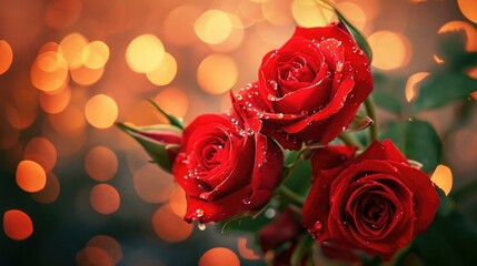 Romantic valentine lover ambiance in flower close-up, Red roses with water droplets, close-up, bokeh light effect, dark romantic ambiance, fresh petals, floral photography