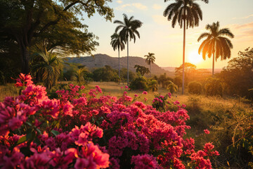Beautiful sunset in the tropical jungle. Landscape with bougainvillea flowers. - obrazy, fototapety, plakaty