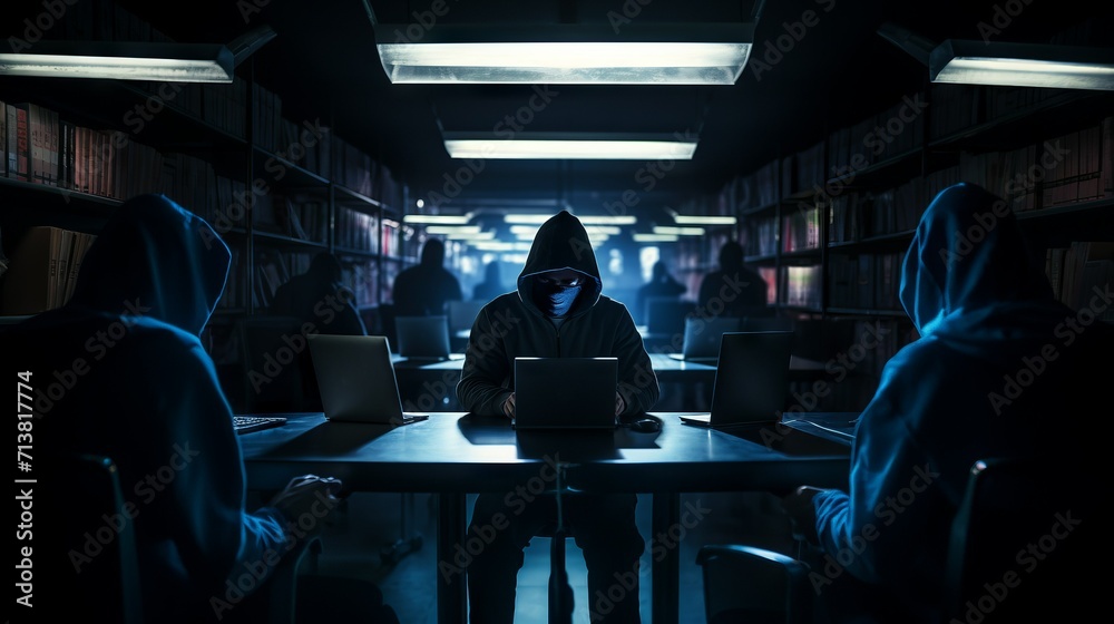 Poster hackers in a black hood, with a hidden face in the shadows, working in a dimly lit room, a server ro