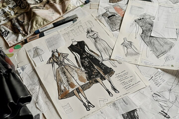 Generative AI illustration of fashion garment design drawings
