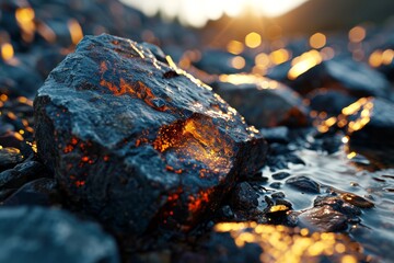 Coals on the shore of the lake in the rays of the setting sun - obrazy, fototapety, plakaty