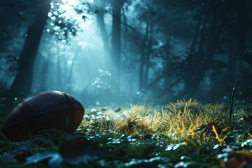 American football ball in the misty forest.