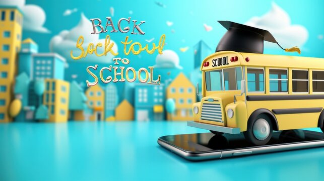 3D vector of school bus with diploma cap jumping into the city from smartphone, Education and welcome to school concept with welcome to school message.