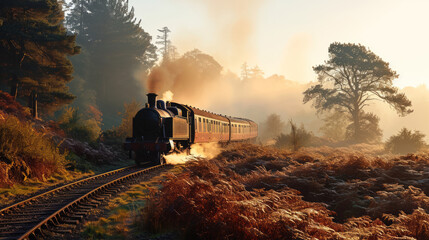 Steam locomotive in a foggy autumn landscape - obrazy, fototapety, plakaty