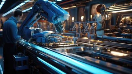 Fototapeta na wymiar 3d rendering robotic arms working on a factory conveyor belt