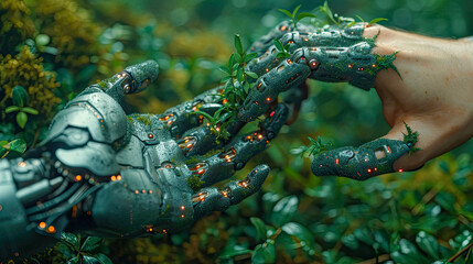 Hands of a man with a robotic arm in the forest, future eco concept