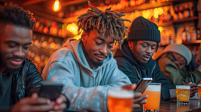 Group of young african american friends using mobile phones in a pub