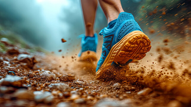 Close-up of a man's legs running on a mountain trail