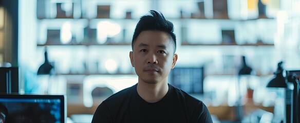 a korean man in front of computers, digital technology, dark blue and light aquamarine, business network connection. data exchange, security of financial investment information. generative AI