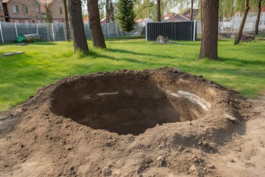 Digged round grave in backyard. Sizable garden excavated ground hole. Generate ai