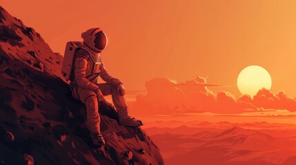 Astronaut sitting on a mountain on a distant planet. Vector illustration of Mars colonization, futuristic landscape. Fantasy alien landscape, vector space background.