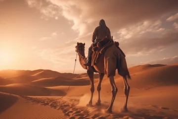 Foto op Aluminium Photo of people riding camels across the desert © bojel