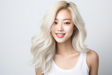 Young blonde asian woman with beautiful clean skin smiling in the camera on clean grey background in the studio