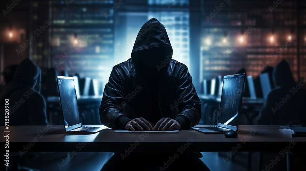 Poster A dangerous hacker with a black hood and a hidden face penetrates the data servers and infects their system with a virus, opens codes and passwords. Cybercrime, Illegal actions of the concept.