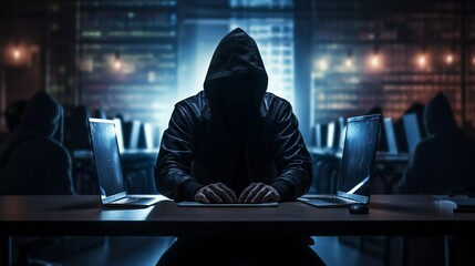 A dangerous hacker with a black hood and a hidden face penetrates the data servers and infects their system with a virus, opens codes and passwords. Cybercrime, Illegal actions of the concept.