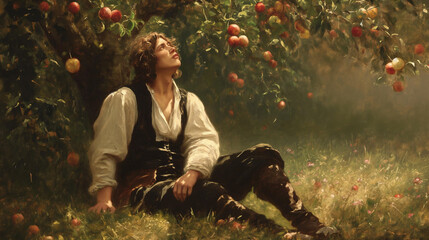 oil painting Isaac Newton discovered Newton's law of universal gravitation by seeing an apple fall from a tree.