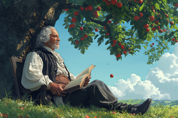 Illustration Isaac Newton discovered Newton's law of universal gravitation by seeing an apple fall from a tree. - obrazy, fototapety, plakaty