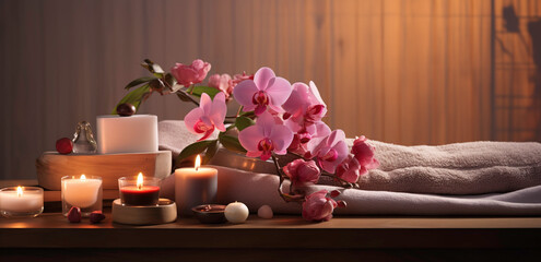 beautiful spa table with flowers and towels, candles