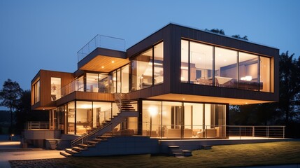 Fototapeta na wymiar Modern design architecture, visualization of a modern style house. beautiful house, night view,