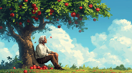 Illustration Isaac Newton discovered Newton's law of universal gravitation by seeing an apple fall from a tree. - obrazy, fototapety, plakaty