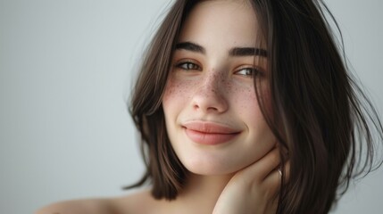 Fototapeta premium Youthful Appearance with Soft Gaze natural makeup, casual hairstyle, hand on chin, clear skin, neutral background, authentic expression, soft gaze, natural light, youthful appearance, minimalist style