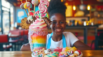 A smiling african girl posing with a whimsical, candy-decorated milkshake in a cafe.