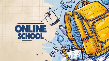 Back to school, ONLINE SCHOOL banner, poster. Yellow backpack with school supplies on the background of a checkered paper with different doodle scientific icons, vector illustration