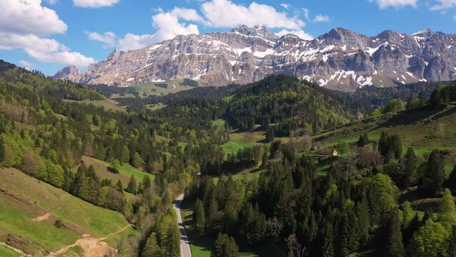 Appenzell, Switzerland: Aerial drone footage of the stunning Santis mountain in the alps in Canton Appenzell in eastern Switzerland in spring. 