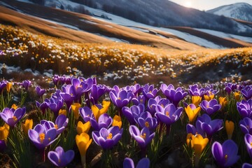 purple and yellow crocuses in spring on mountains