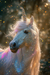 fantasy glitter white unicorn portrait with sparkles and bokeh