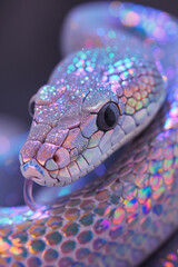 fantasy glitter silver purple snake portrait with sparkles and bokeh
