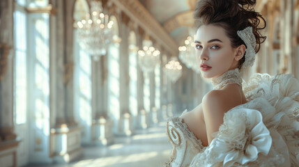 Fototapeta premium Portrait of a beautiful young girl in a haute couture dress standing in a luxurious palace interior