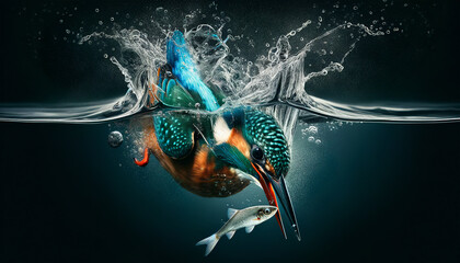 Dynamic underwater action as a kingfisher dives to catch a fish as the water splashes around it creating a visually stunning moment captured perfectly. Bird behavior concept. AI generated. - obrazy, fototapety, plakaty