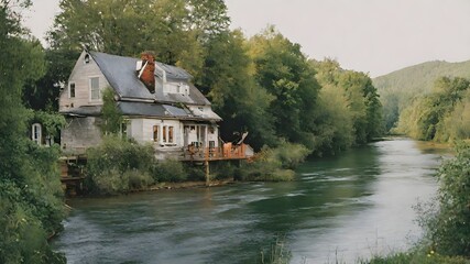 Fototapeta na wymiar Home In River Background Very Cool