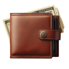 Brown Leather Wallet with money isolated on transparent background, png