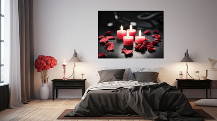 modern bedroom with wooden floor, large bed, poster and lamp. Created with Ai