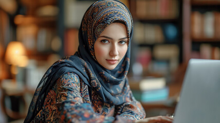 Eine Frau trägt einen Hijab und arbeitet im Büro - obrazy, fototapety, plakaty