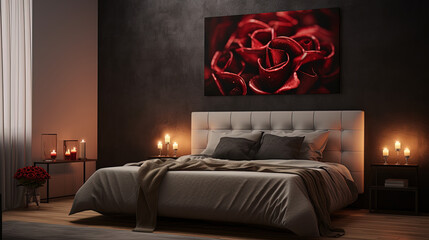 Interior of a bedroom with grey walls, poster, king size bed, wooden floor. Created with Ai