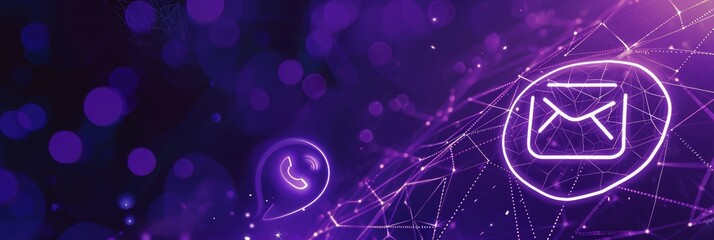 Contact us banner, call center service provider concept digital graphic icon phone call email chatting and searching, advice to customer help and support services digital purple background digital.