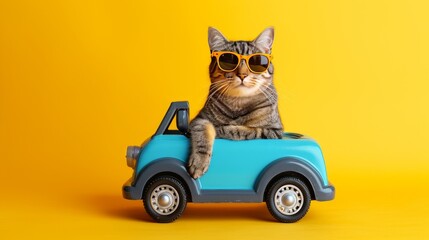 Funny cat with sunglasses in toy car on yellow background - obrazy, fototapety, plakaty