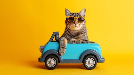 Tuinposter Funny cat with sunglasses in toy car on yellow background © Zahid