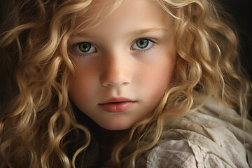 Naklejka premium Close up of face of young girl child with long blond hair and green eyes