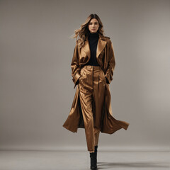 Fototapeta premium A beautiful young woman in a golden brown coat and a black one